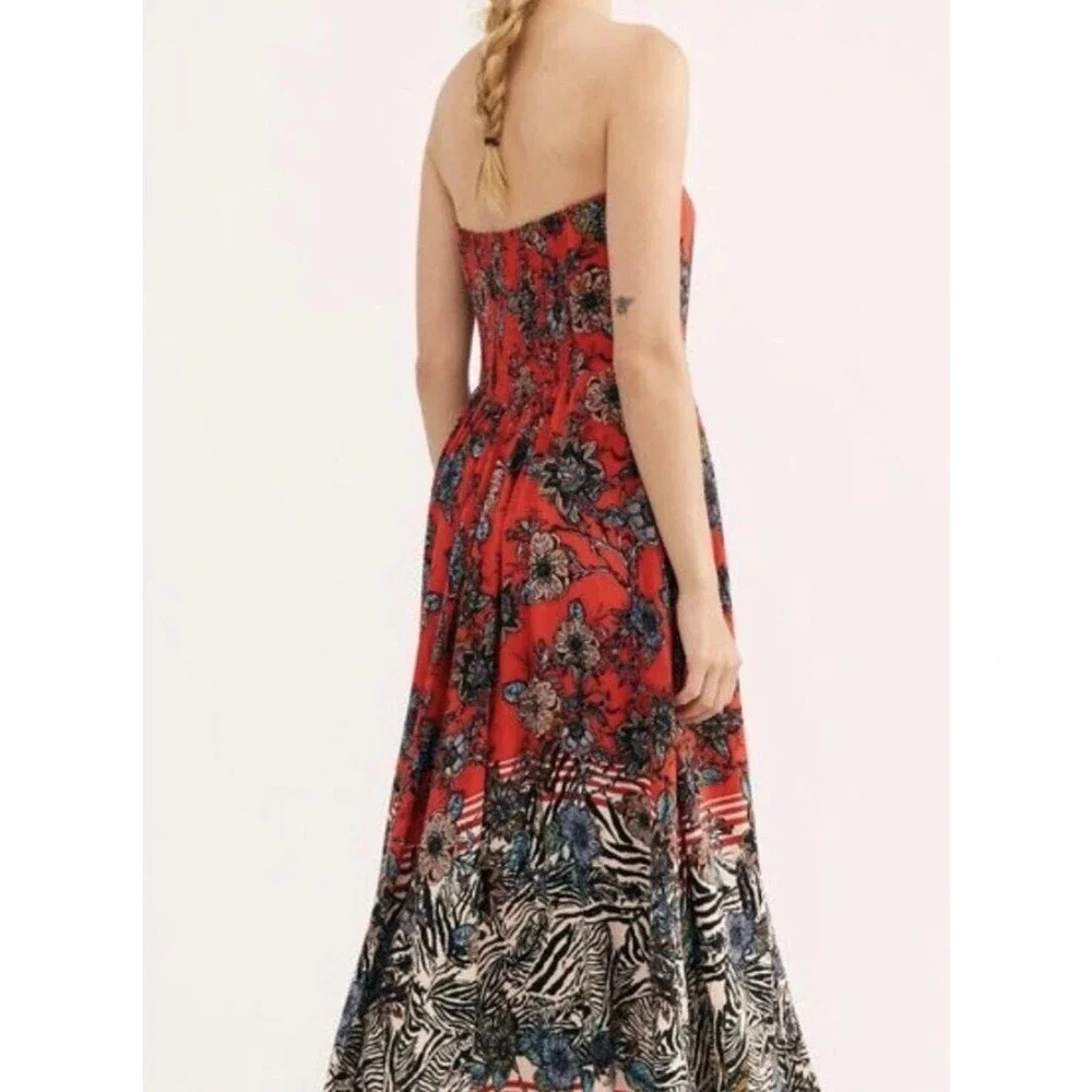 Free People Mila Strapless Floral Animal Print Maxi Dress Size 10 Boho Red
